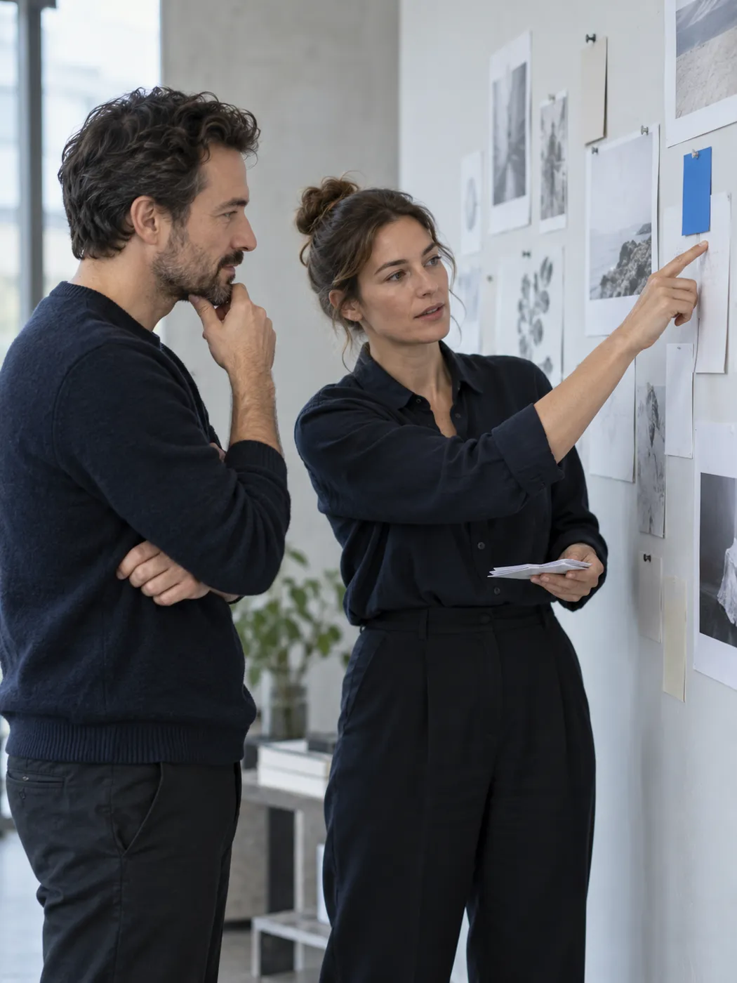 Two colleagues at a wall of pinned briefs, one pointing at a card