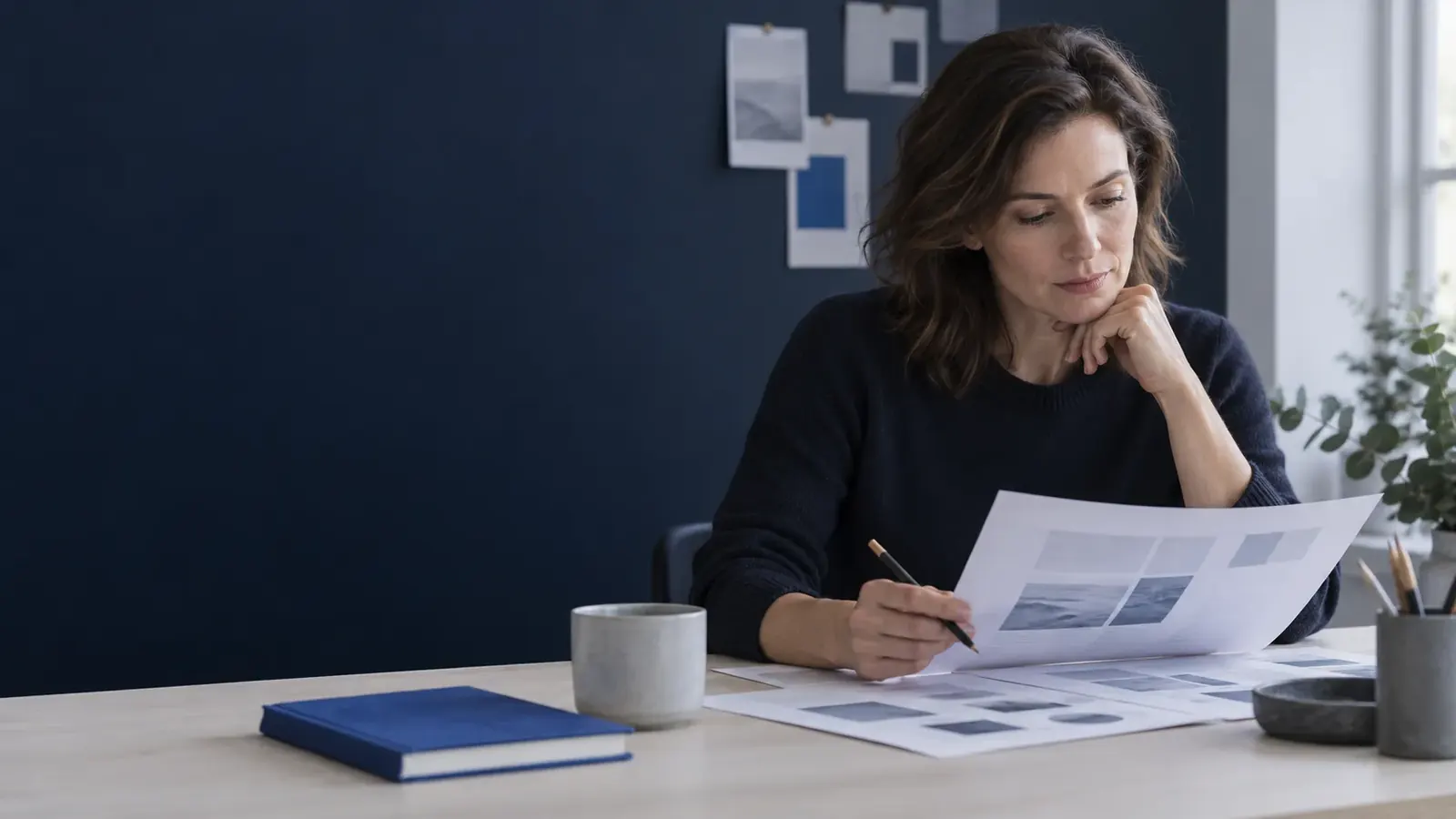 A professional at a work table reading a printed marketing plan, pencil in hand